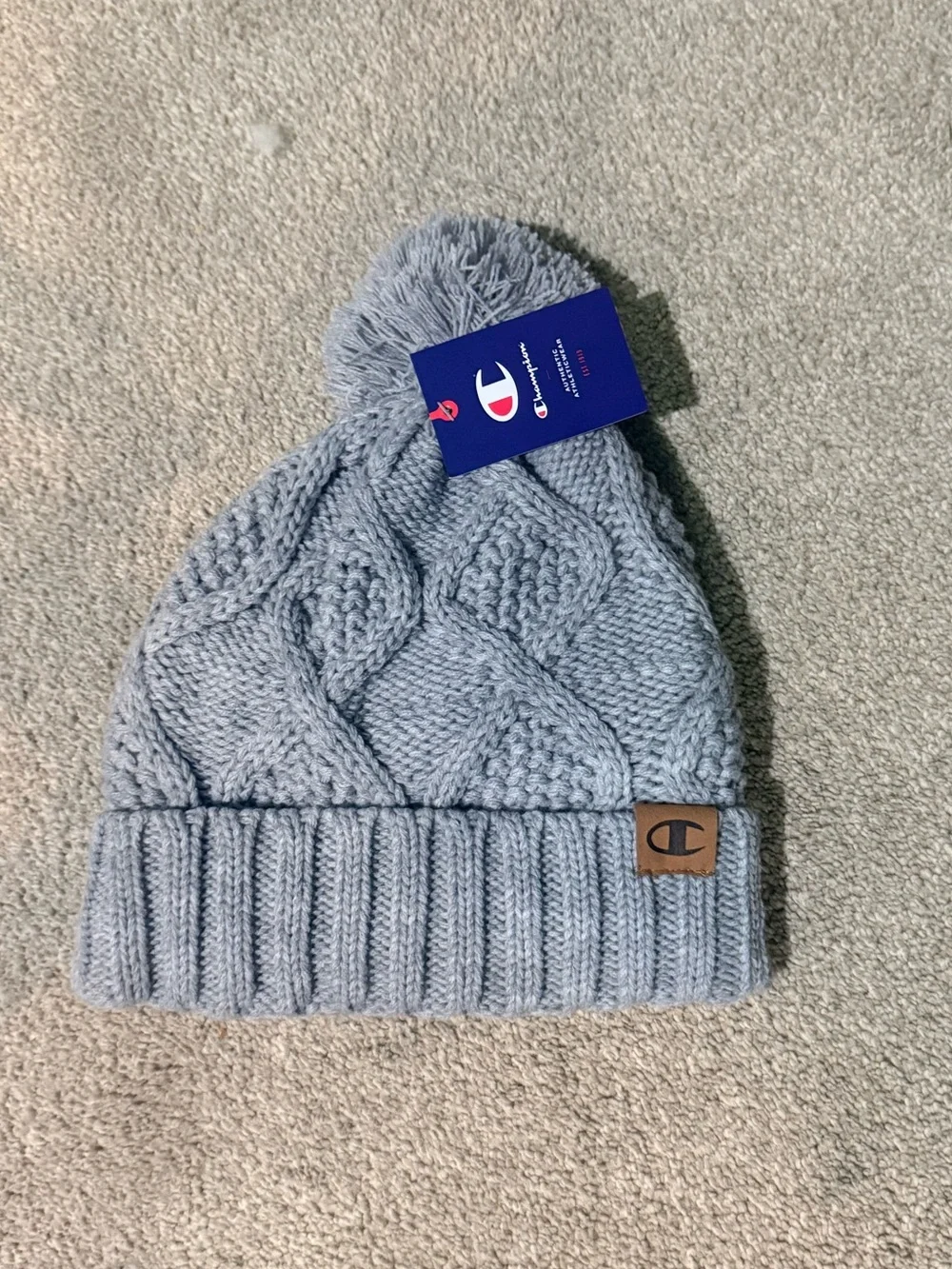 Champion Grey Cable Knit Fleece Lined Foldover Pom Pom Beanie OSFM